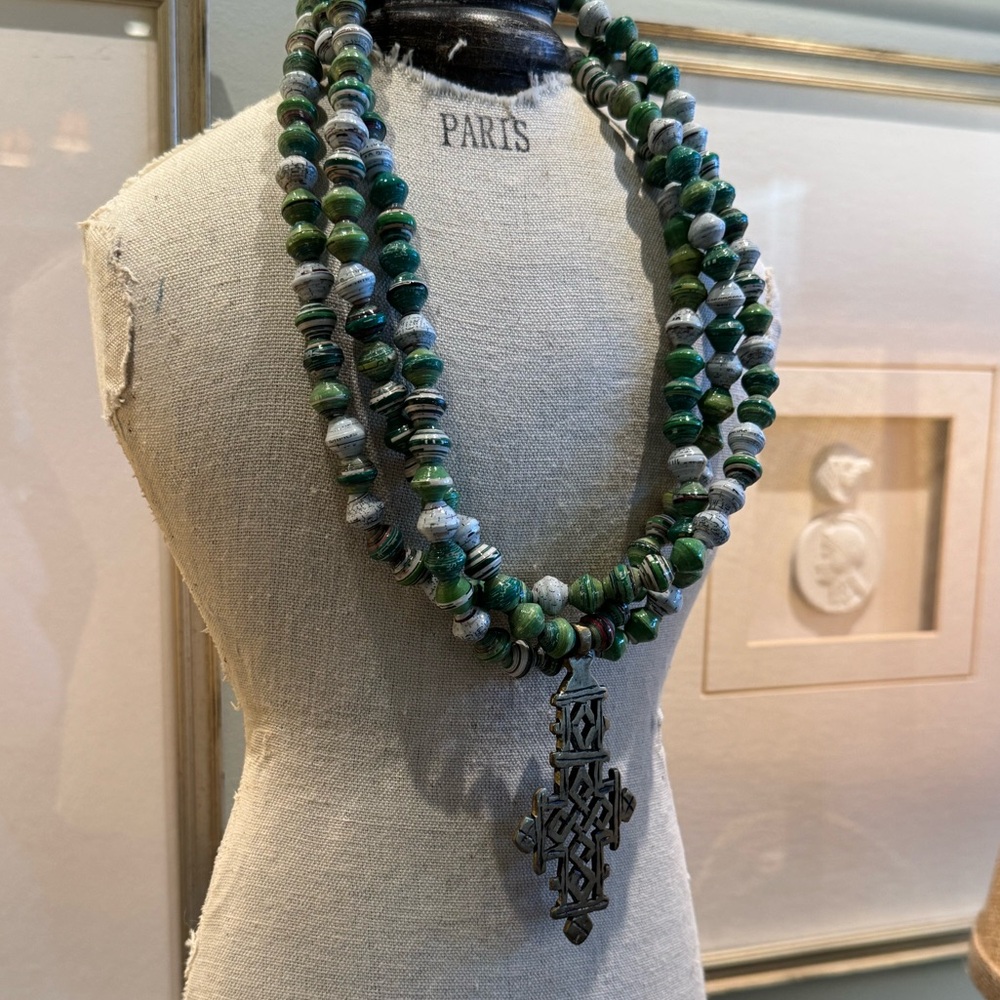 Multi-Strand African Green/White Beaded Necklace with Bronze Casted Cross Design